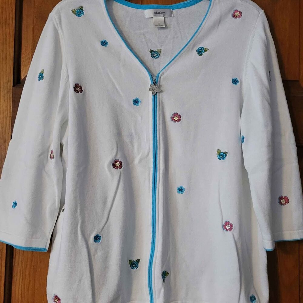 Women's Size X or 14 CJ Banks Cardigan Zip Up Sweater White Flowers 3/4 Sleeve